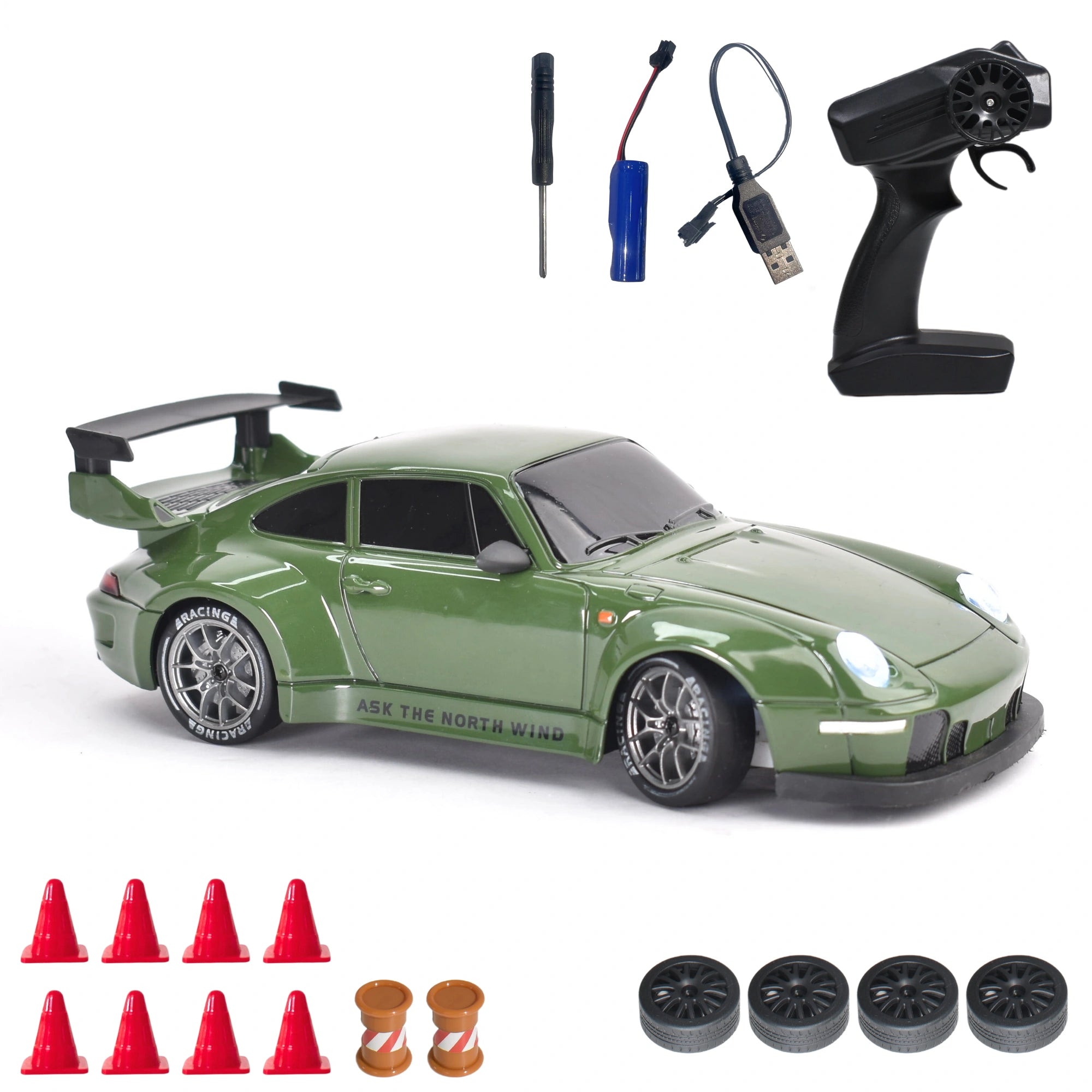 Green RC car with remote control, batteries, and accessories on a white background
