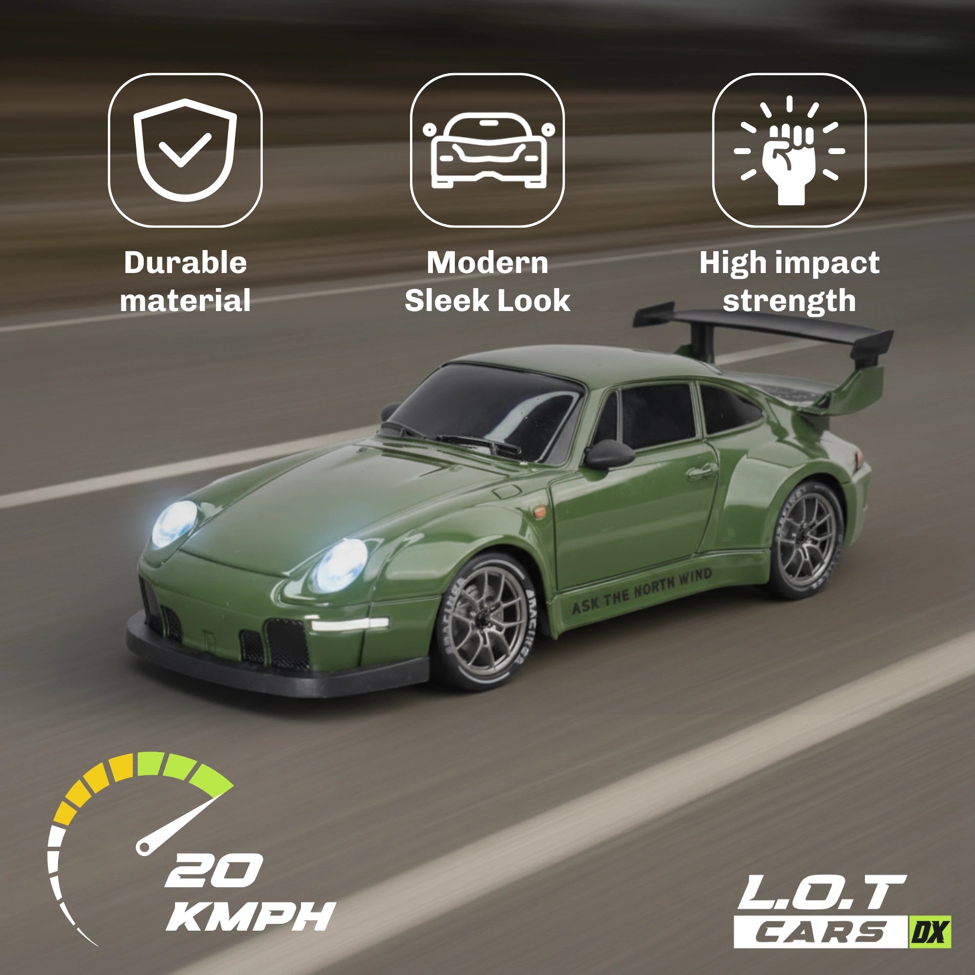 Green toy RC car on a road with features highlighted and L.O.T Cars DX branding.