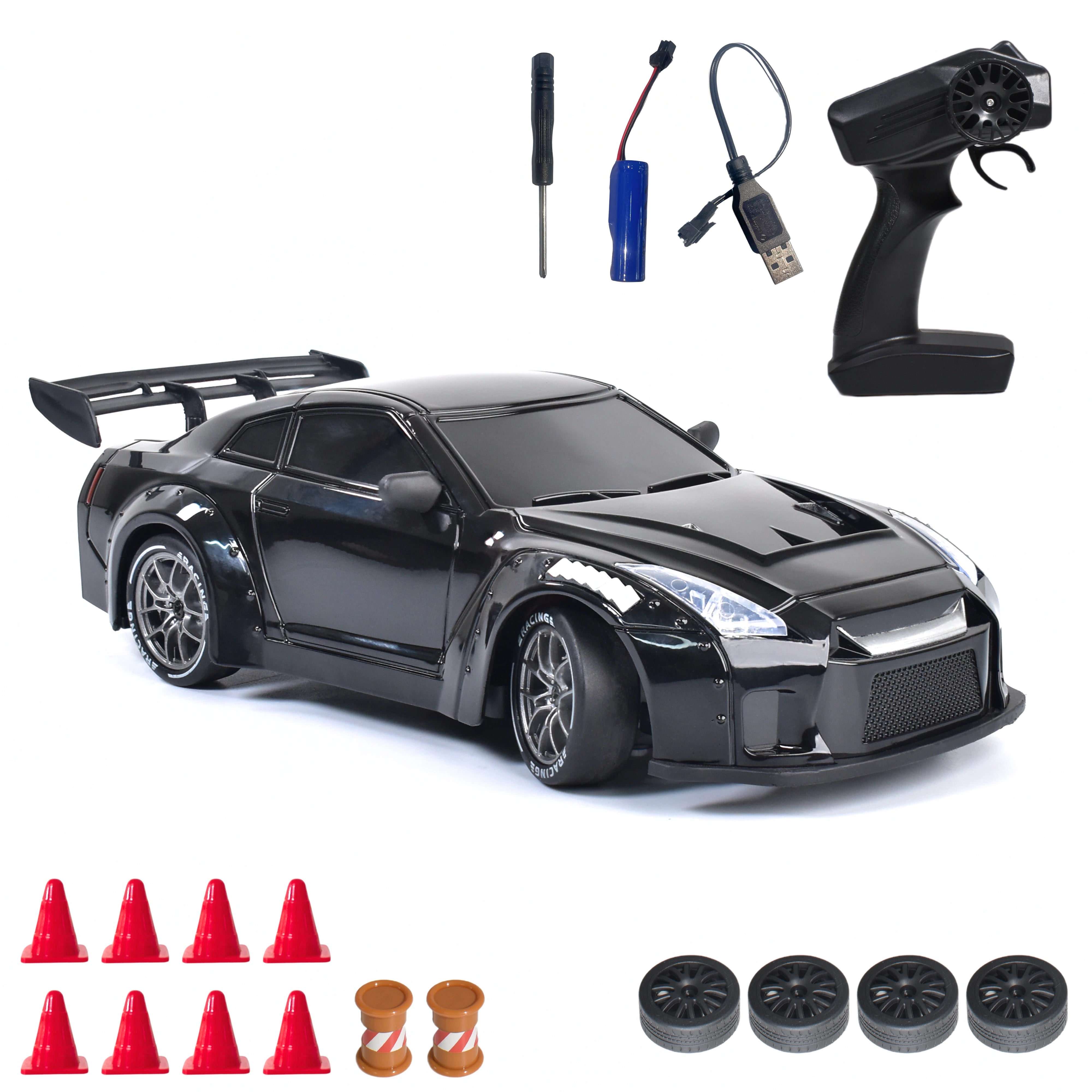 Black RC car with remote control, battery, and accessories on a white background