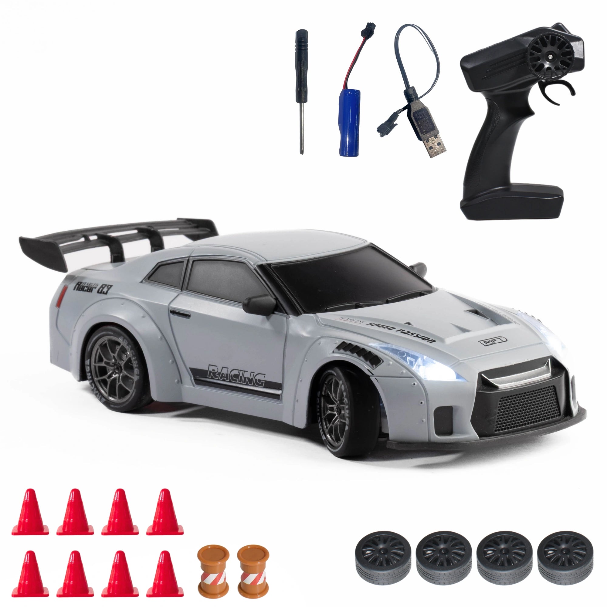 RC car with remote control, battery pack, and accessories on a white background