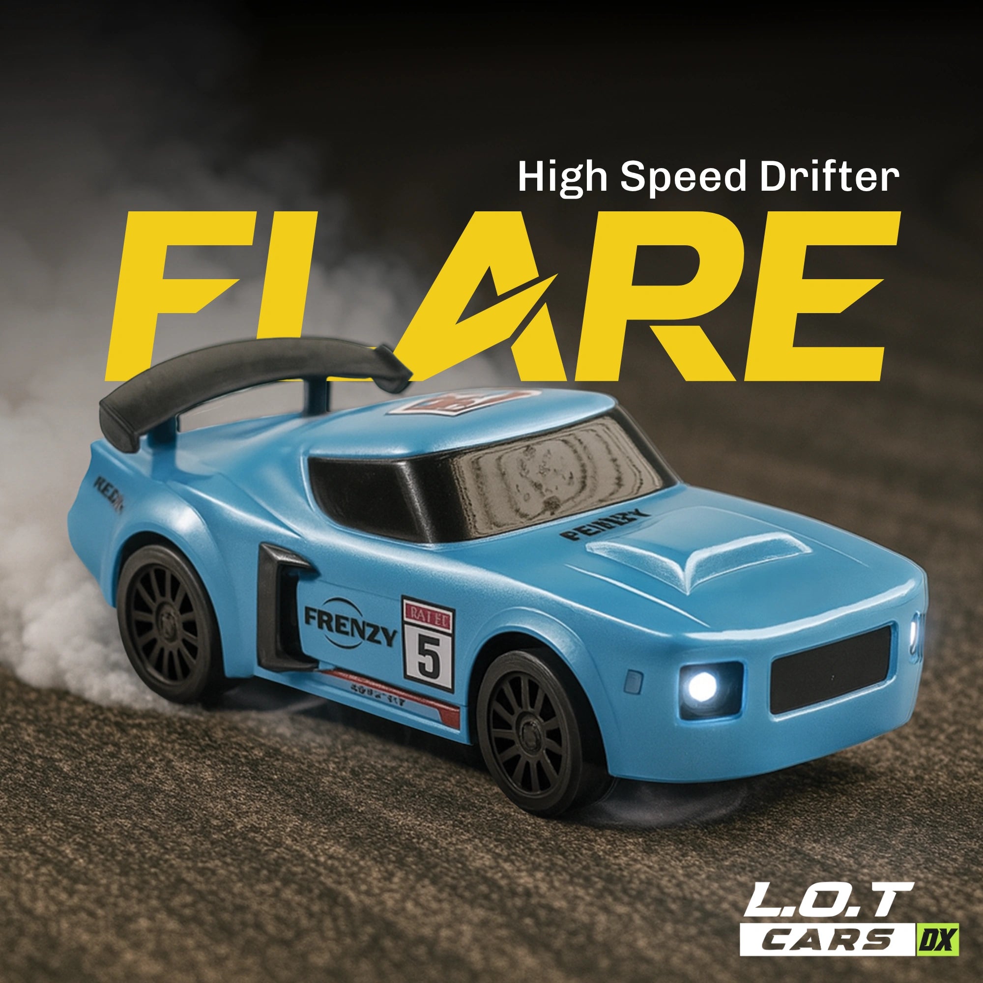 Blue RC car model 'Flare' with 'High Speed Drifter' text on a dark background