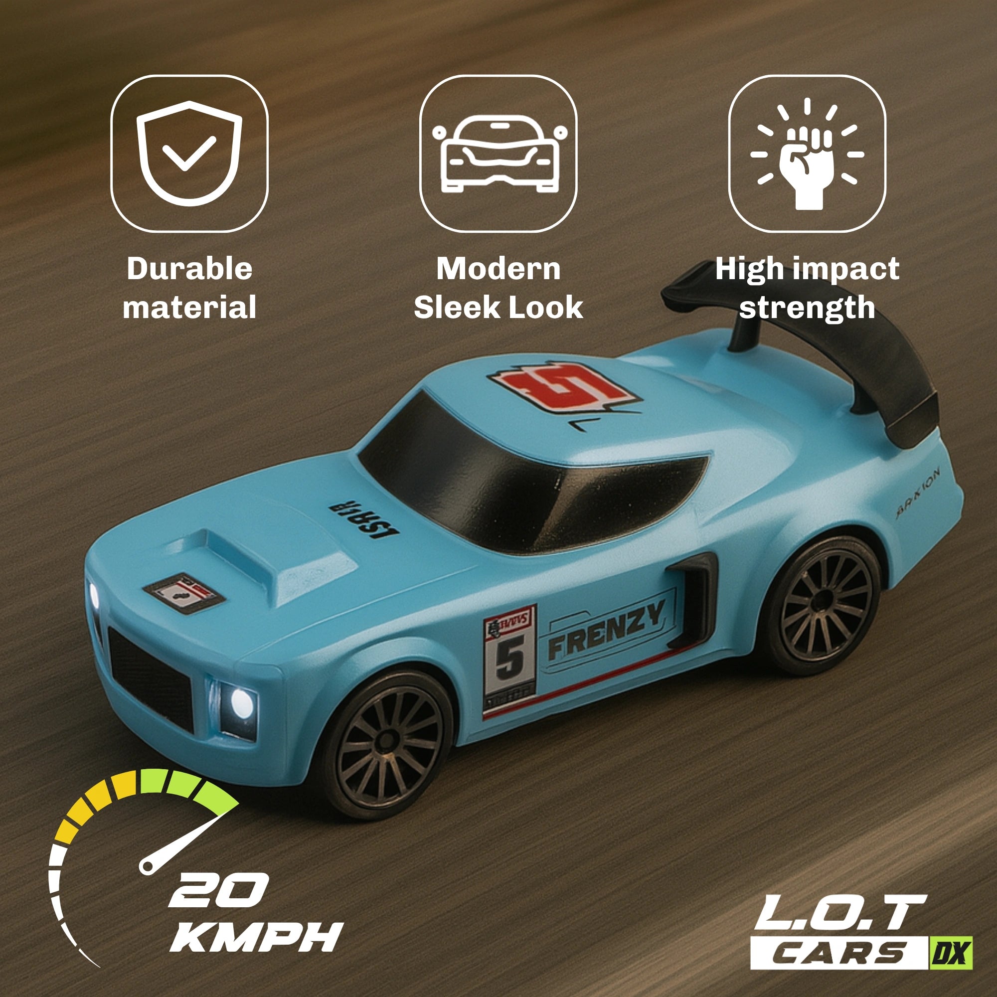 Blue RC car with features listed on a wooden background