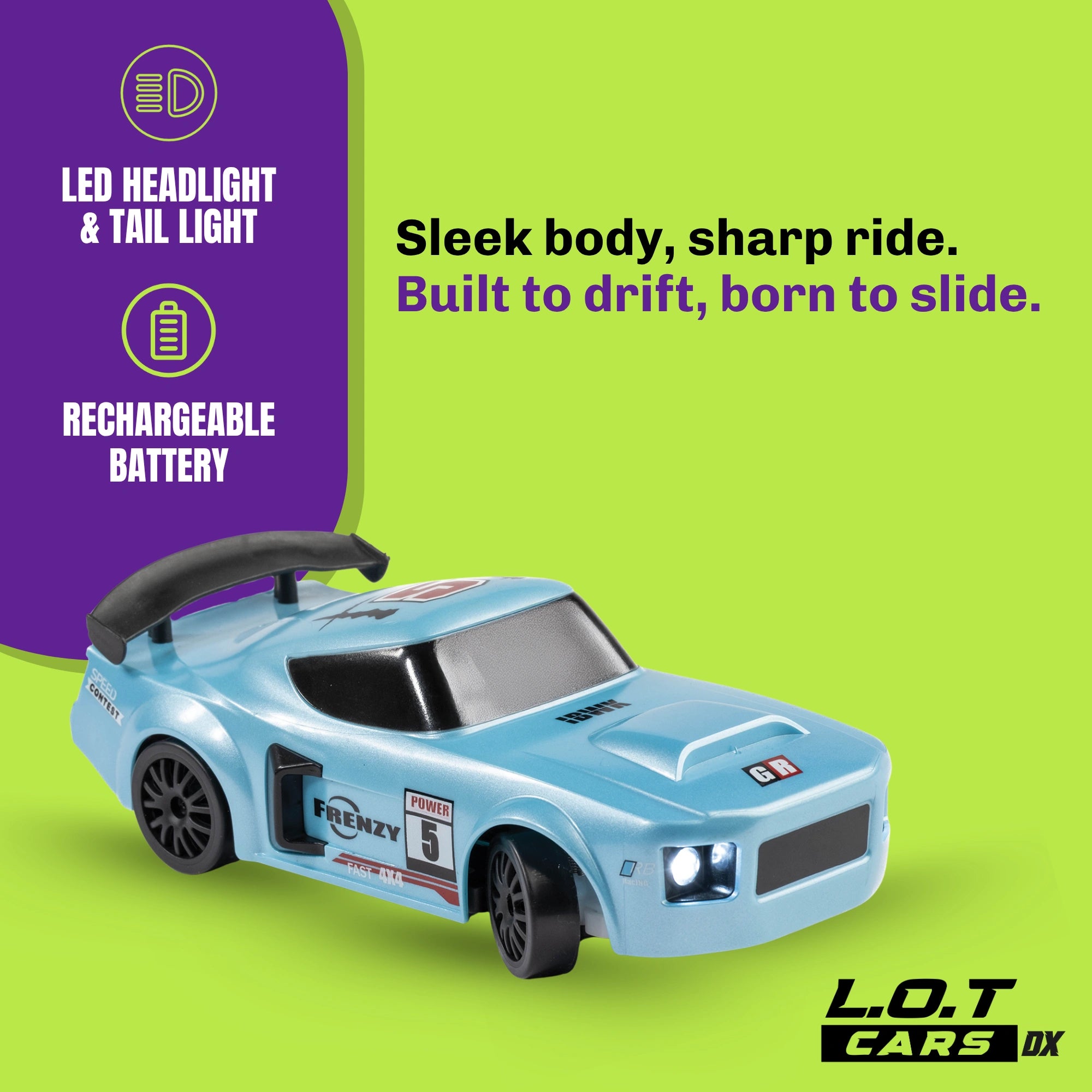 Blue RC car with promotional text on a green background