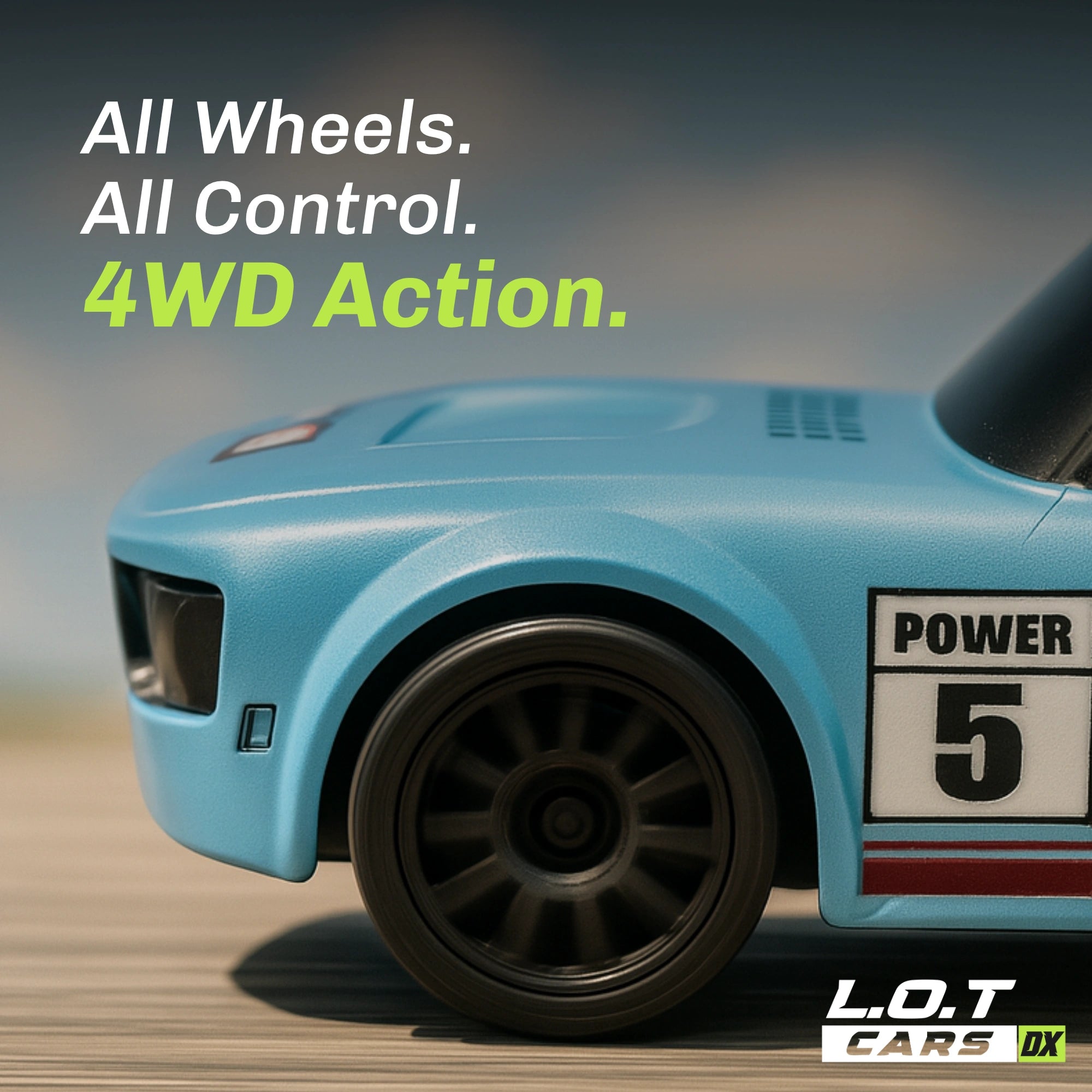 Blue RC car with '4WD Action' text and L.O.T Cars logo on a blurred background