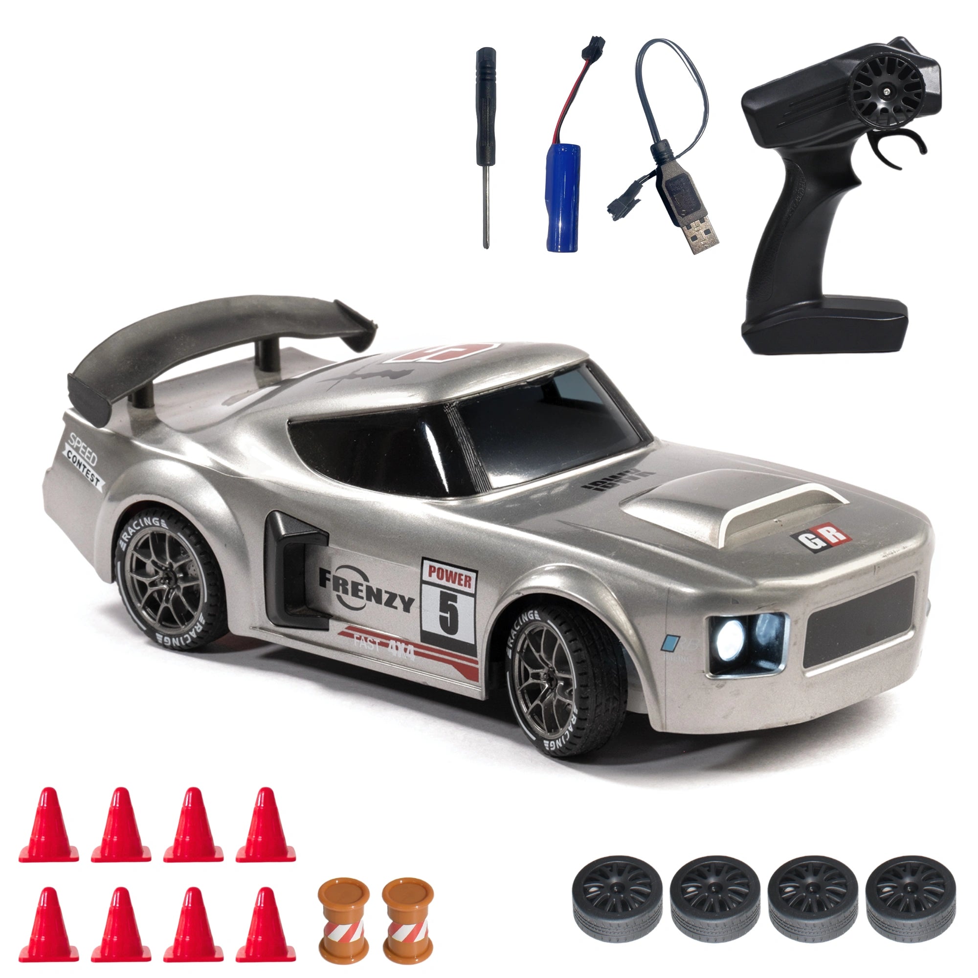 Silver RC race car with remote control, batteries, and accessories on a white background