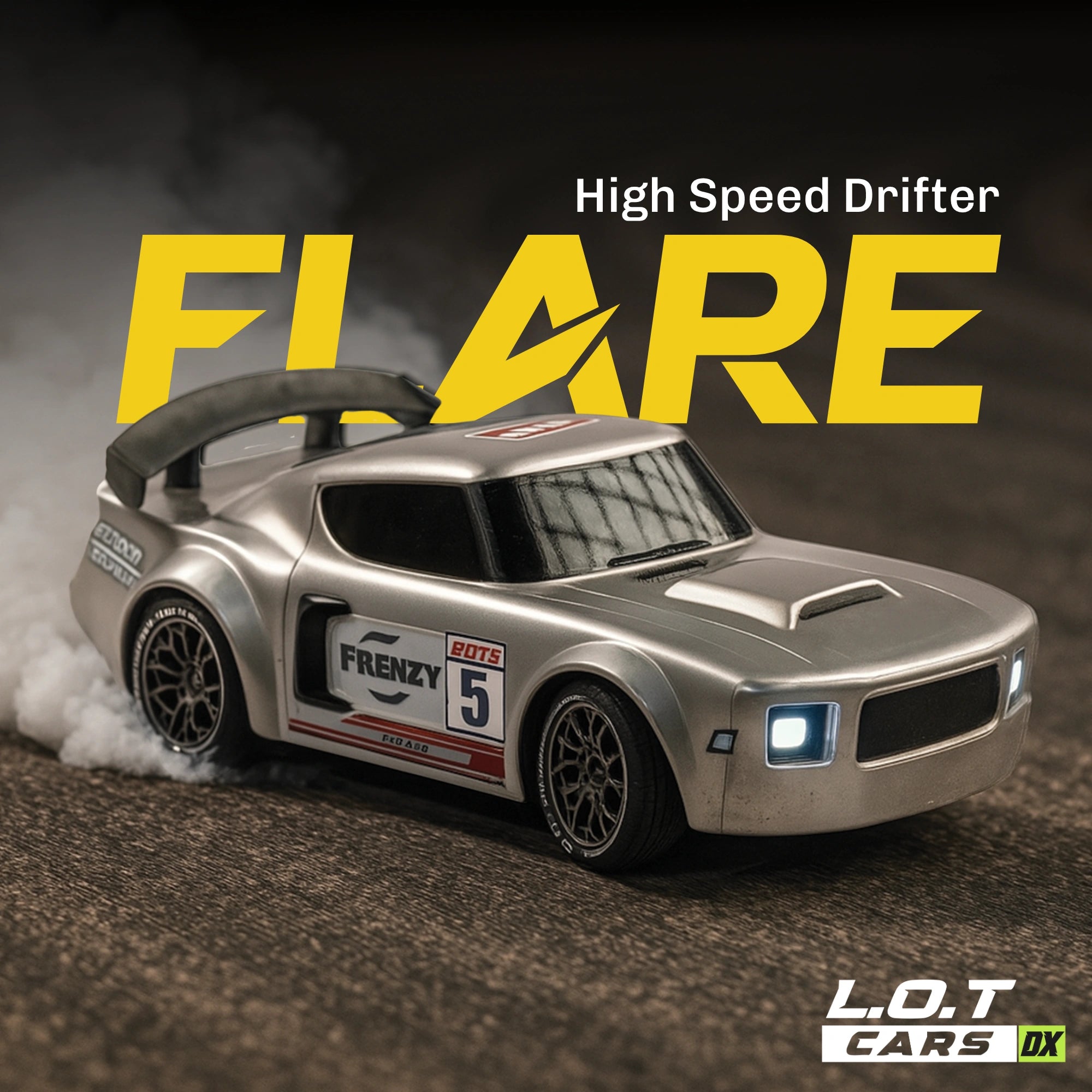 sliver RC car with 'High Speed Drifter FLARE' text and 'L.O.T Cars' branding on a dark background.