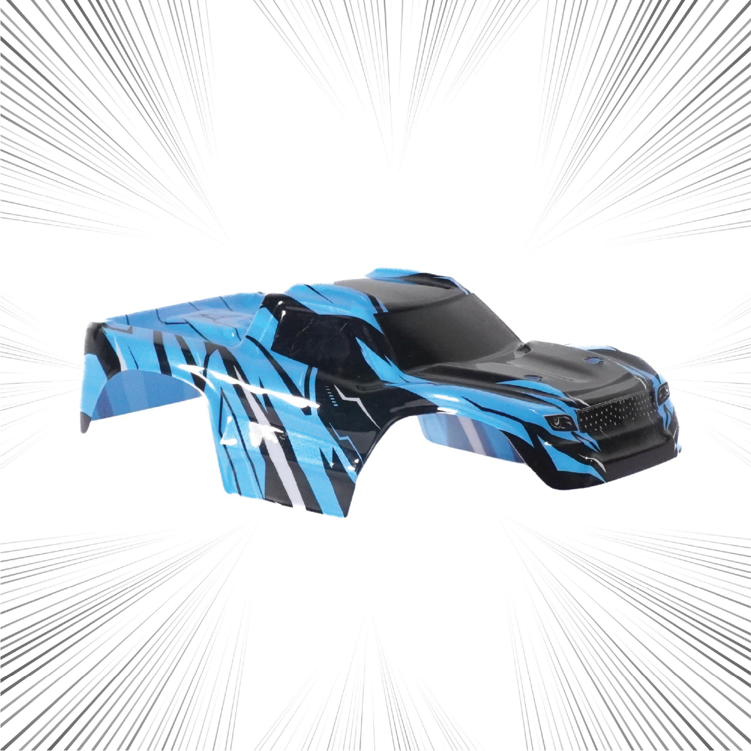 Blue and black RC car body shell on a white background