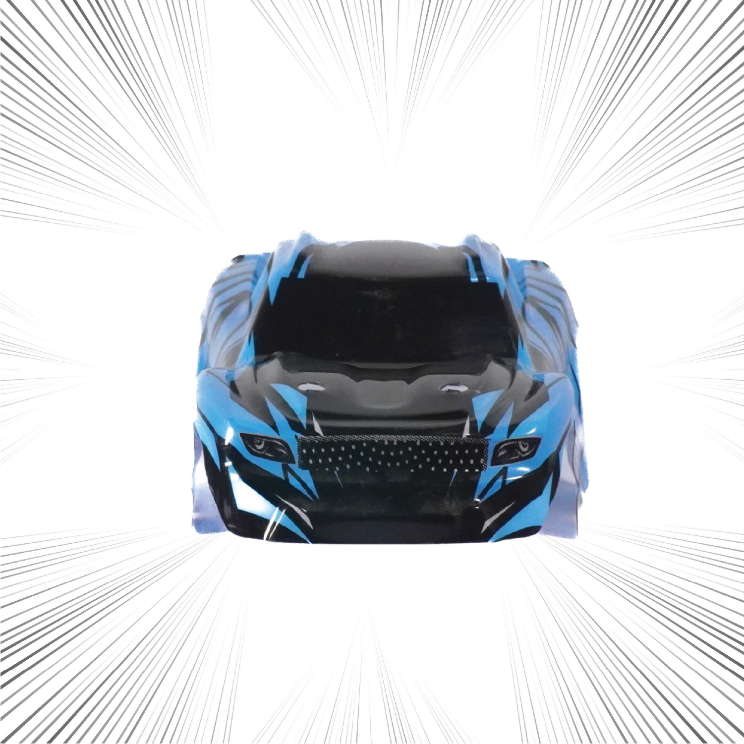 Blue and black RC car body shell on a white background