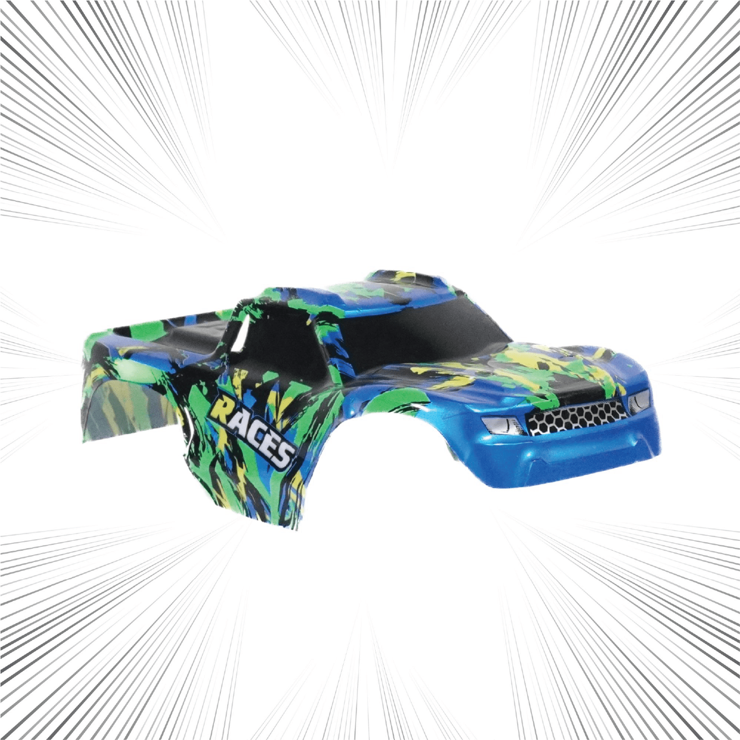 Green and Blue RC car body shell on a white background