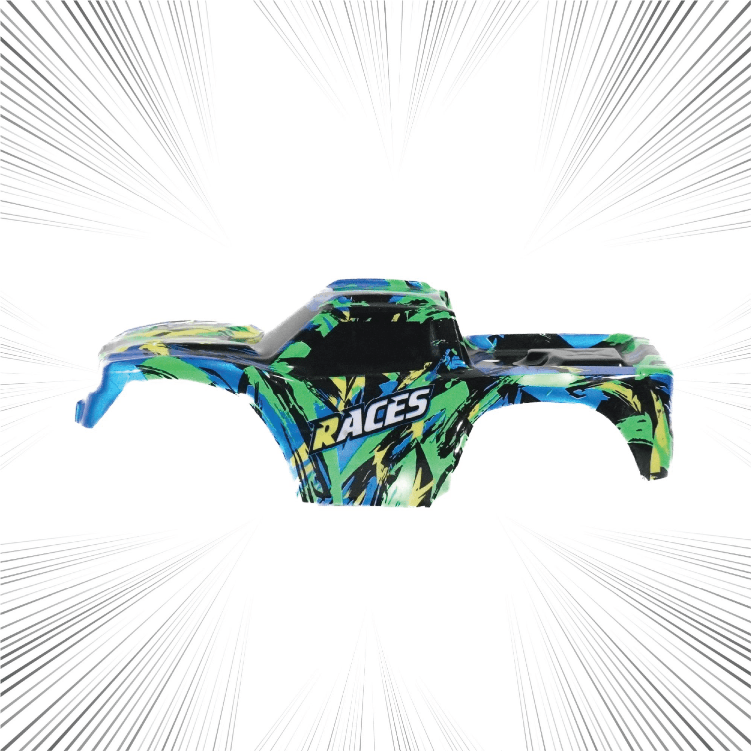 Green and Blue RC car body shell on a white background