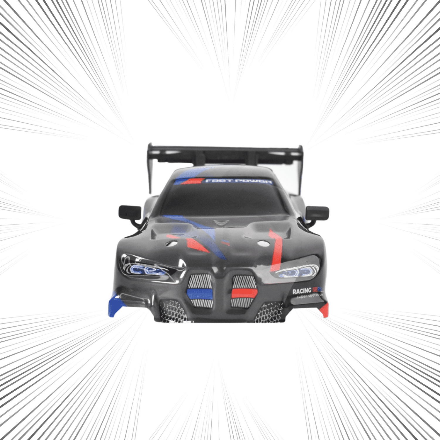 Racing RC car model with a white background