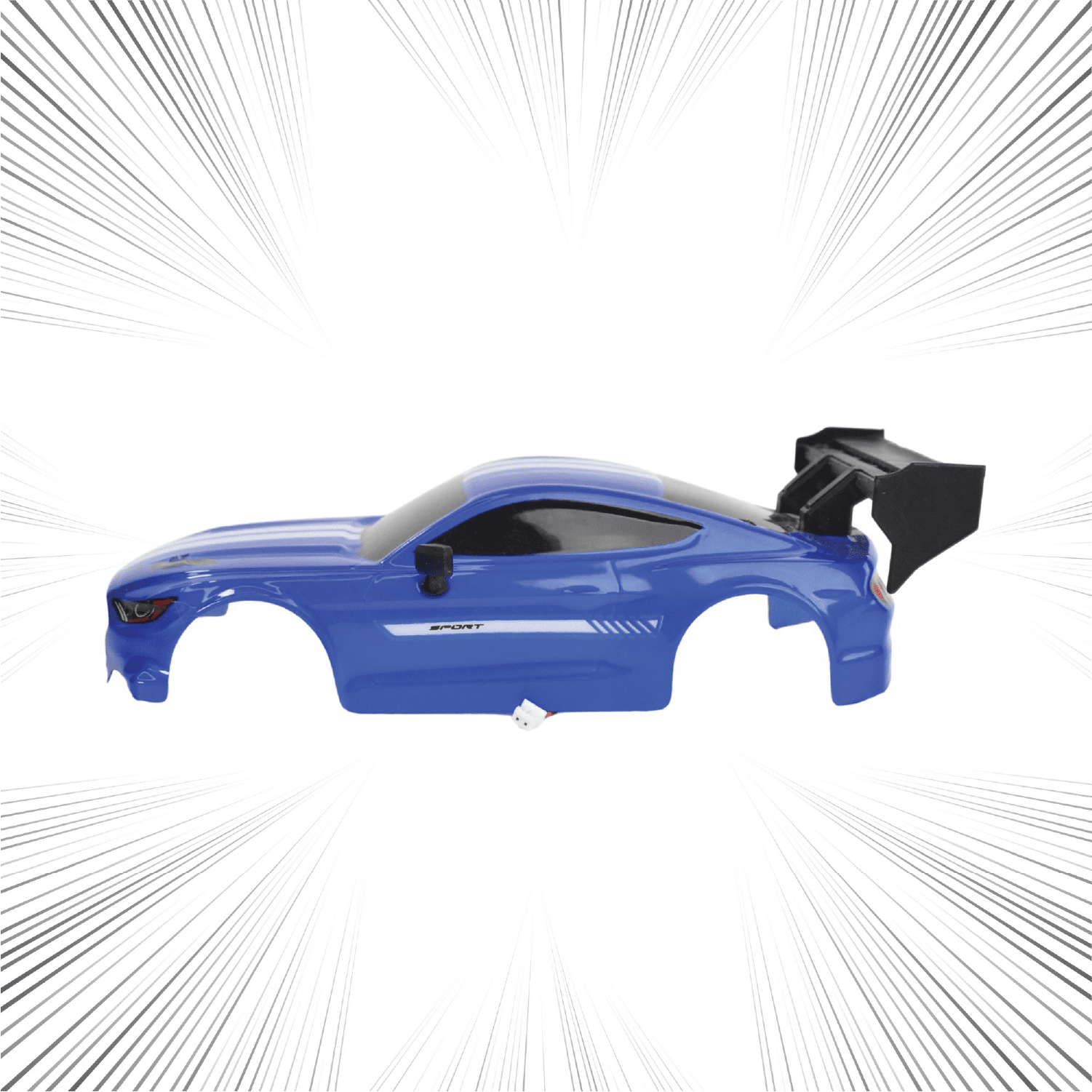Blue RC car body shell with black front bumper on a white background