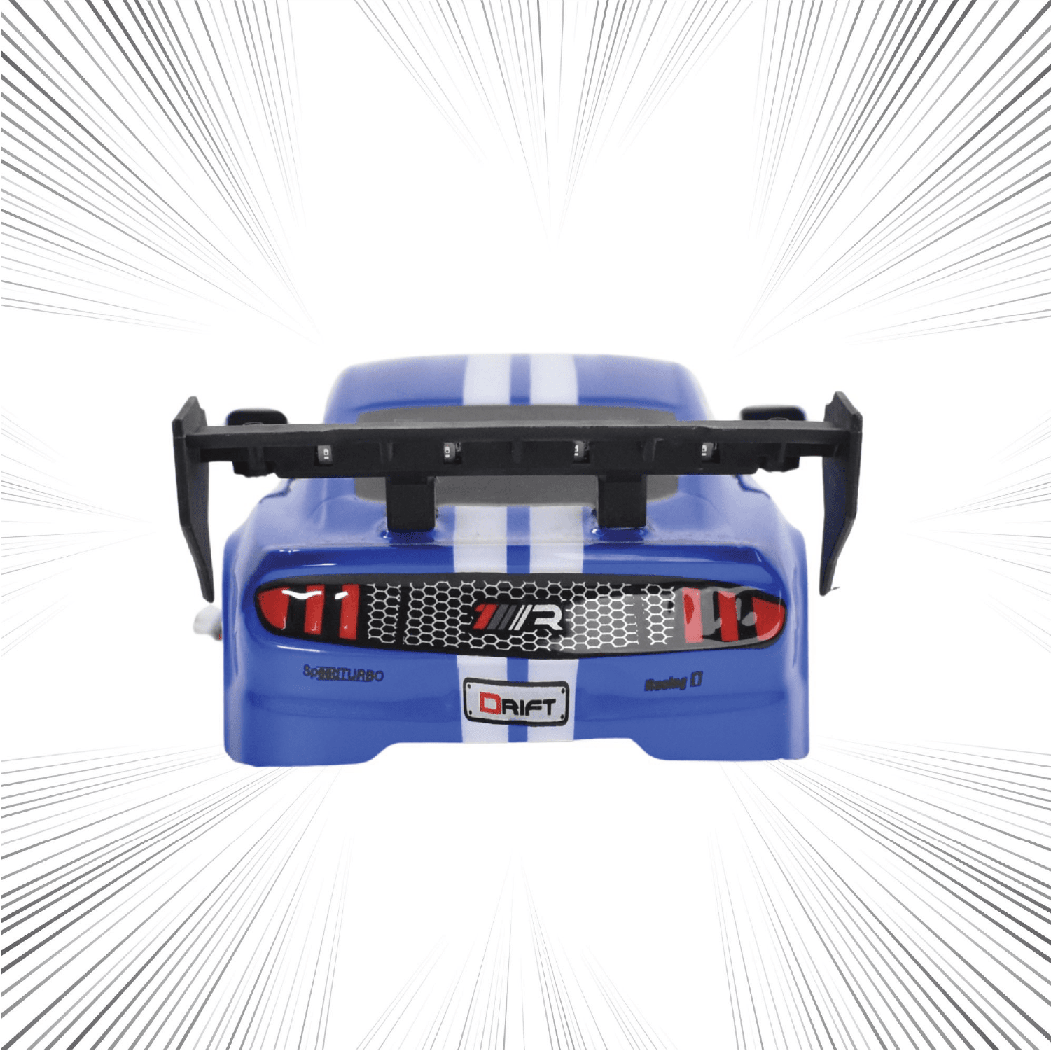 Blue toy RC car with black and red details on a white background