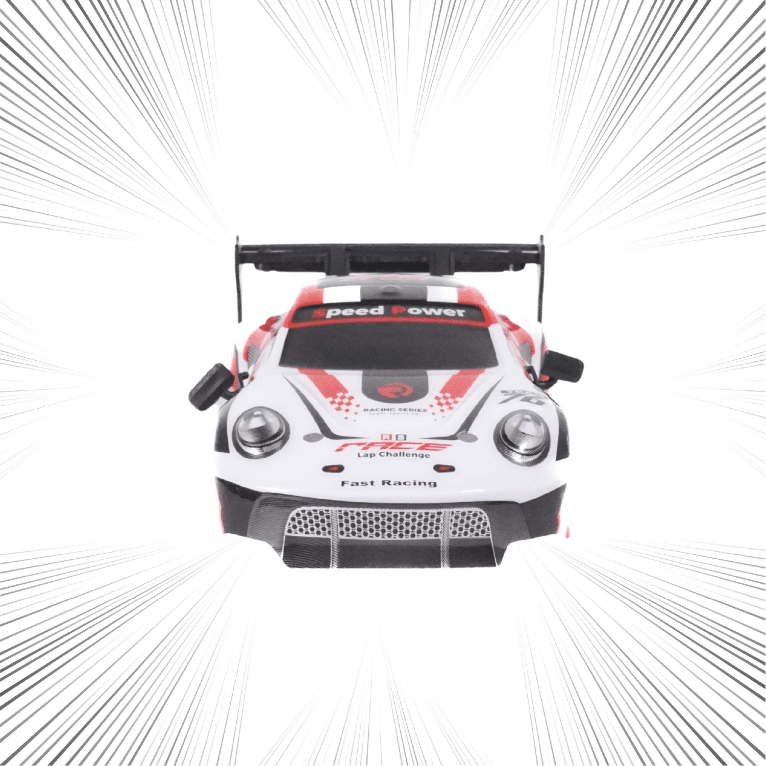 Toy race car with 'Speed Power' branding on a white background