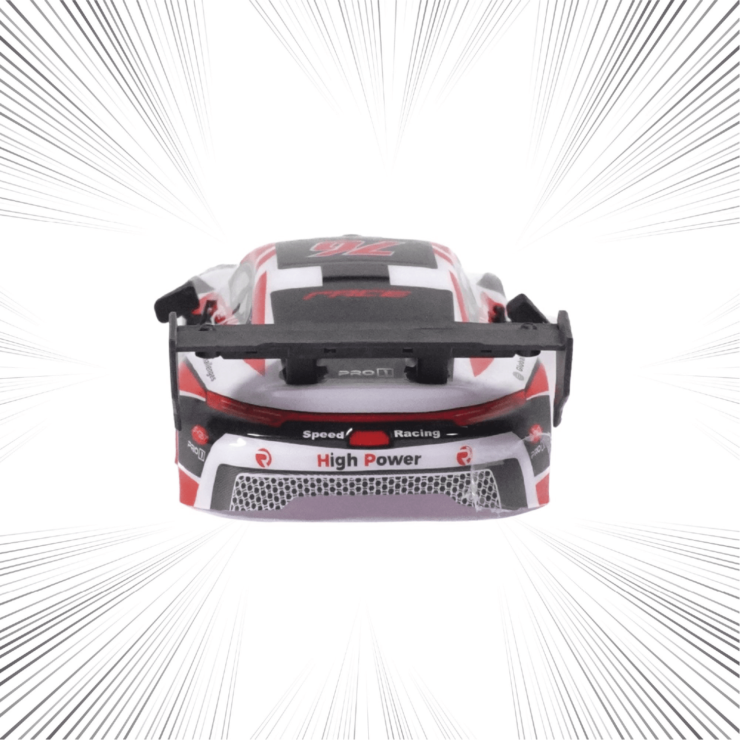 Close-up of a remote control car with visible branding on a white background