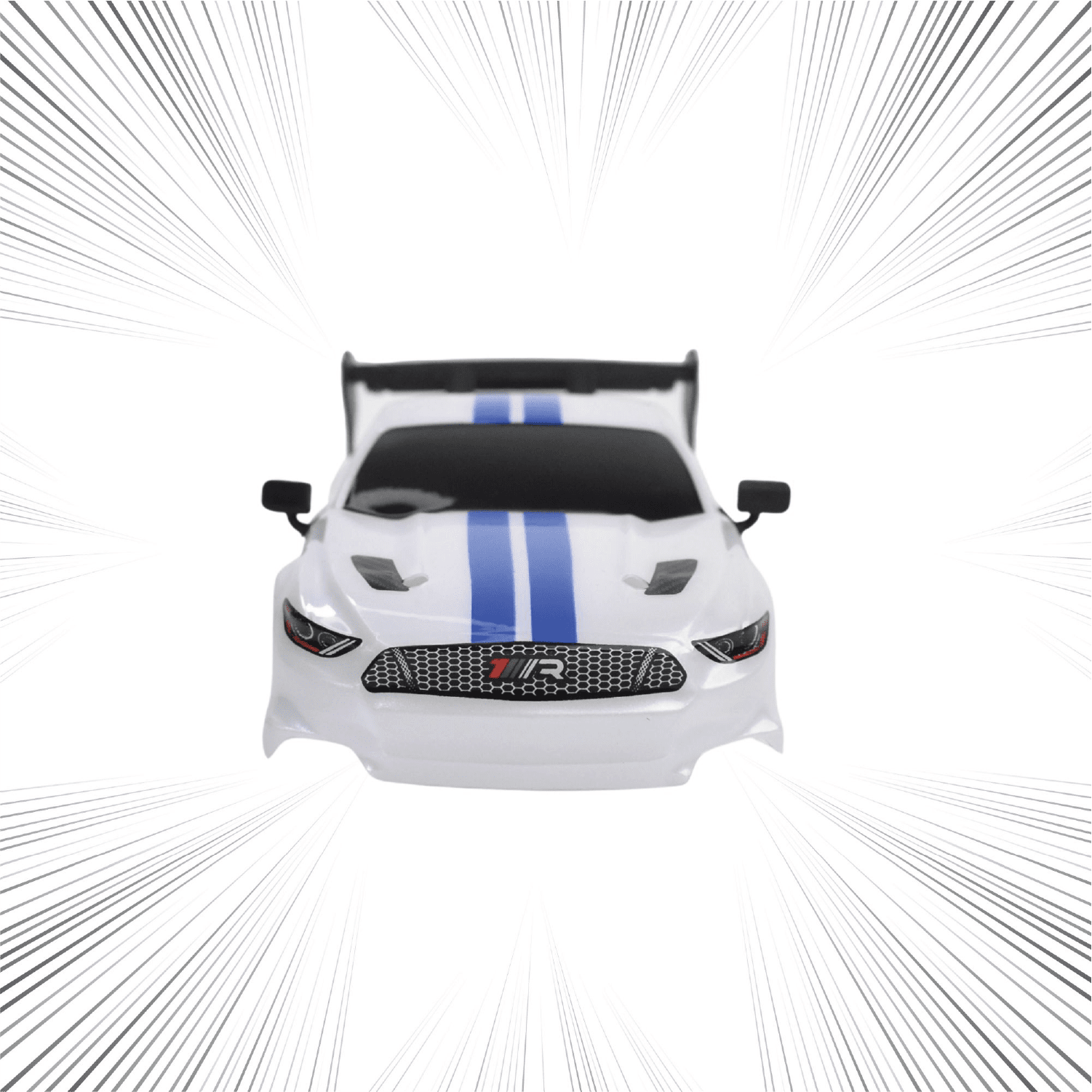 White toy RC car with spoiler and blue stripes on a white background