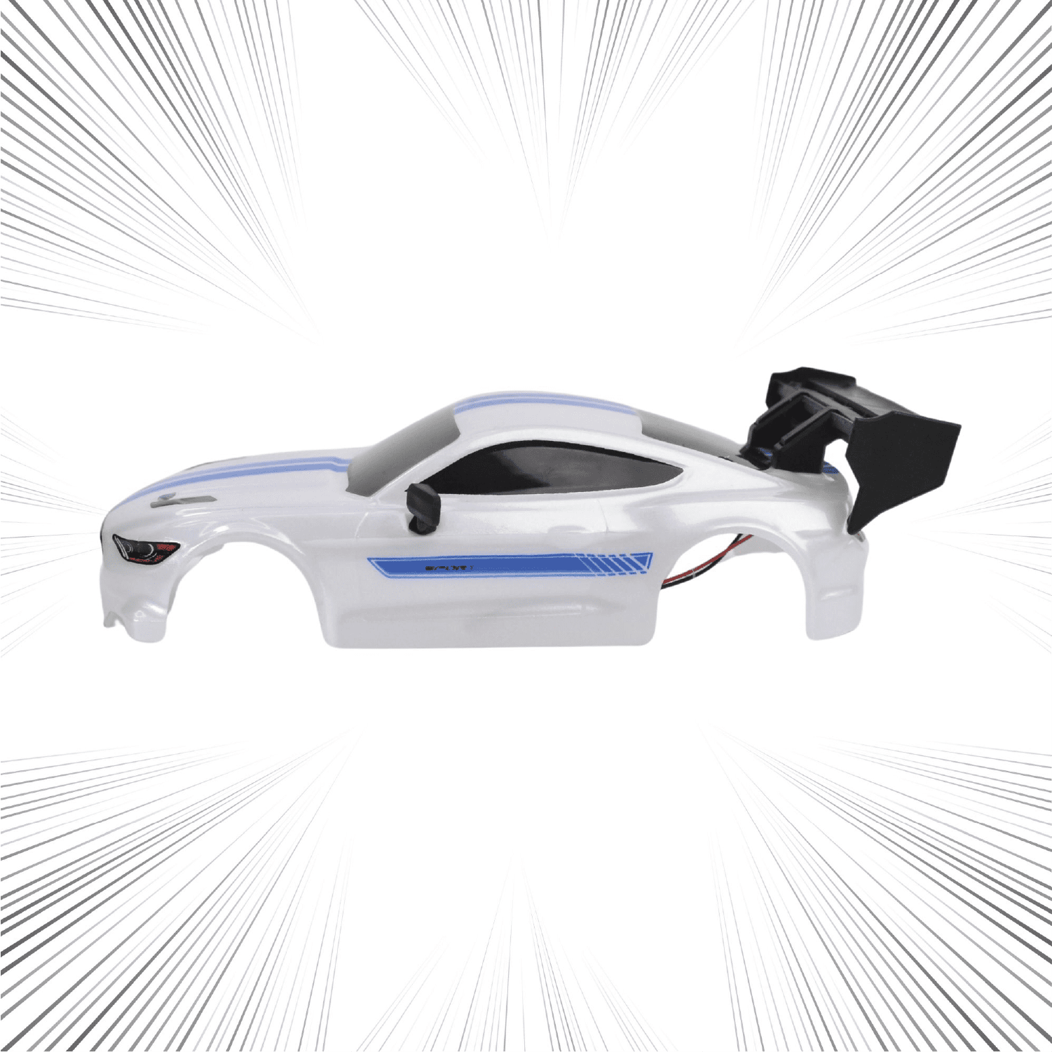 White remote control car body shell with black and blue accents on a white background