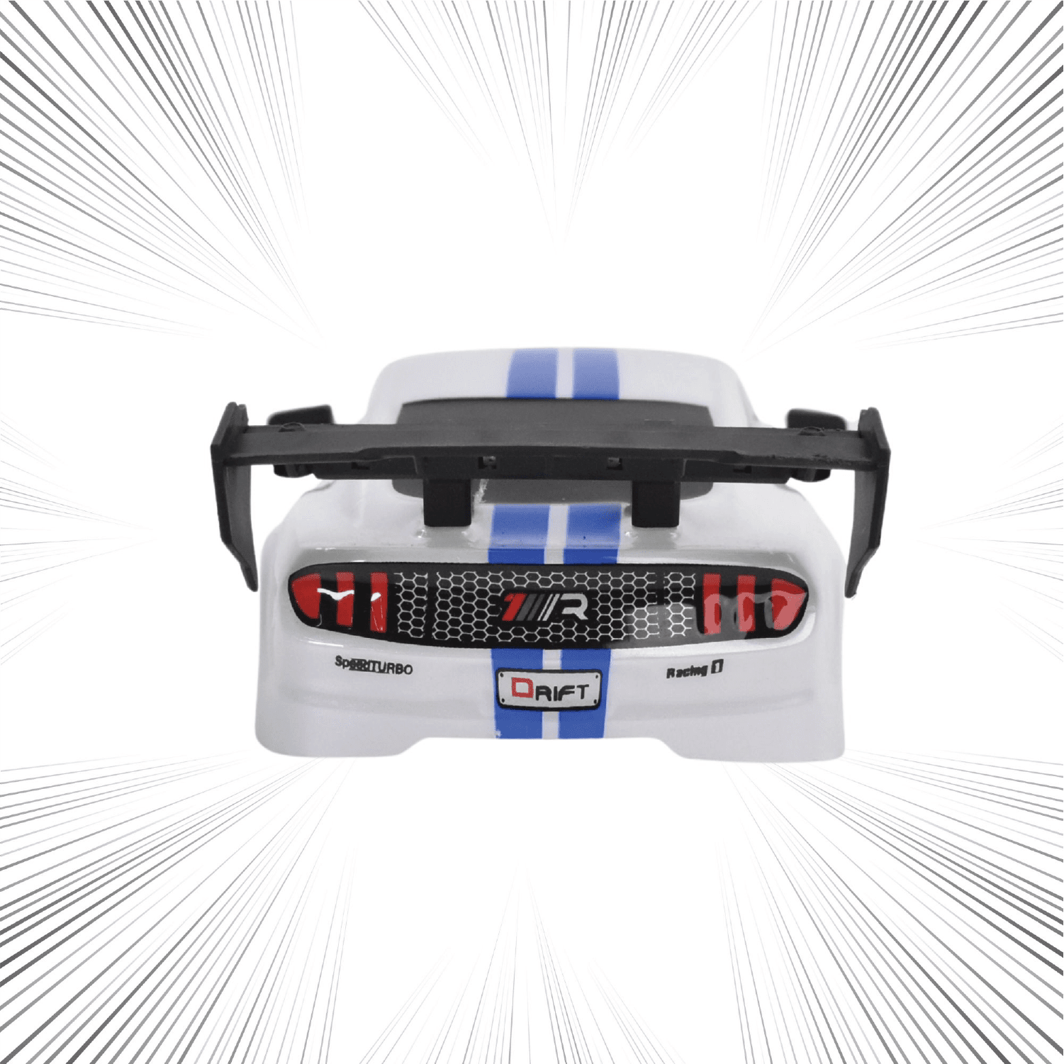Model RC car with racing decals on a white background