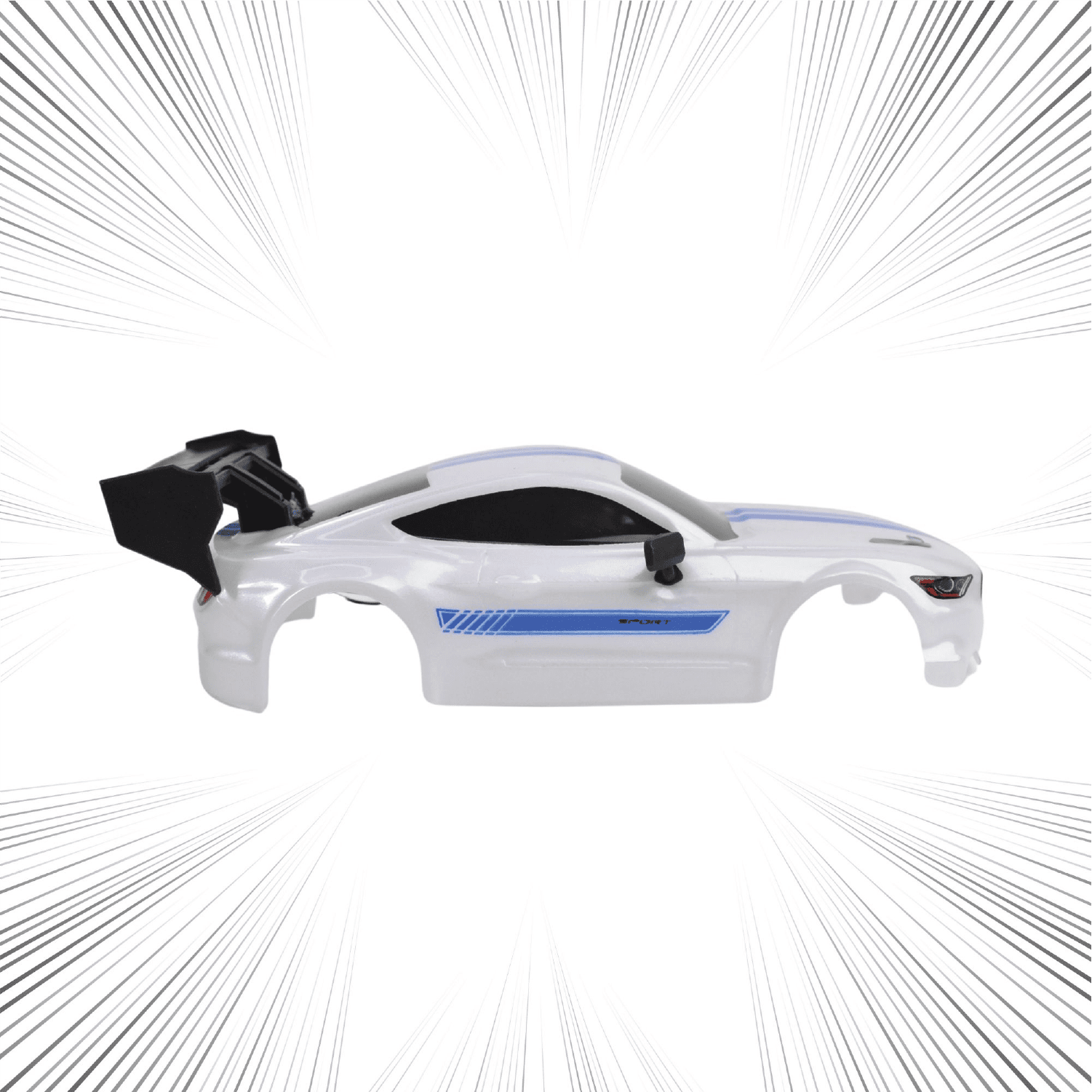 White and black car body shell with blue accents on a white background