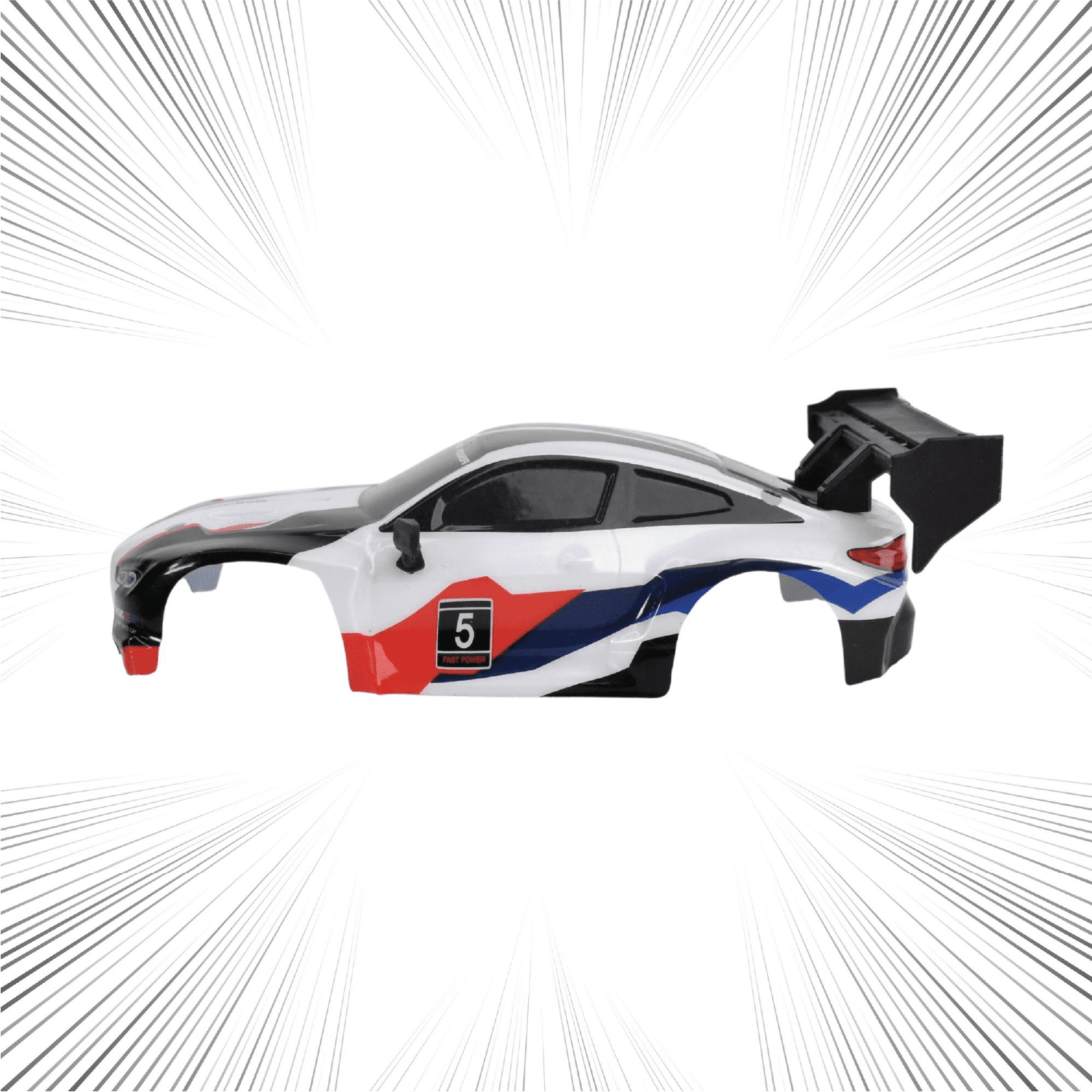 Model RC car body with racing livery on a white background