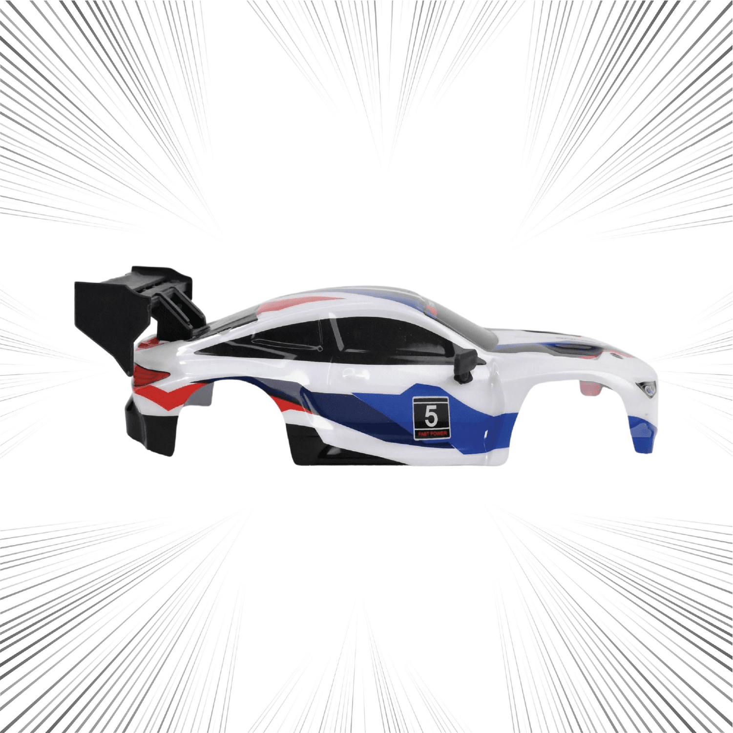 White car body with red and blue accents on a white background