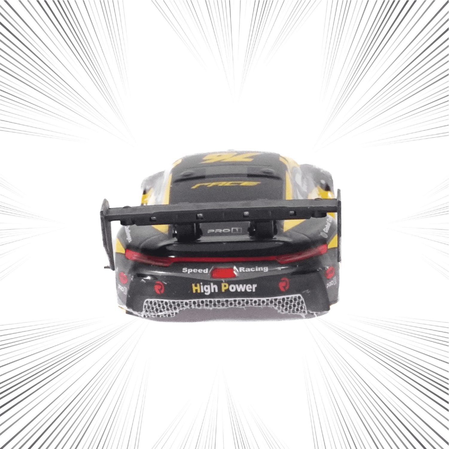 Back view of a toy RC car with branding on a white background