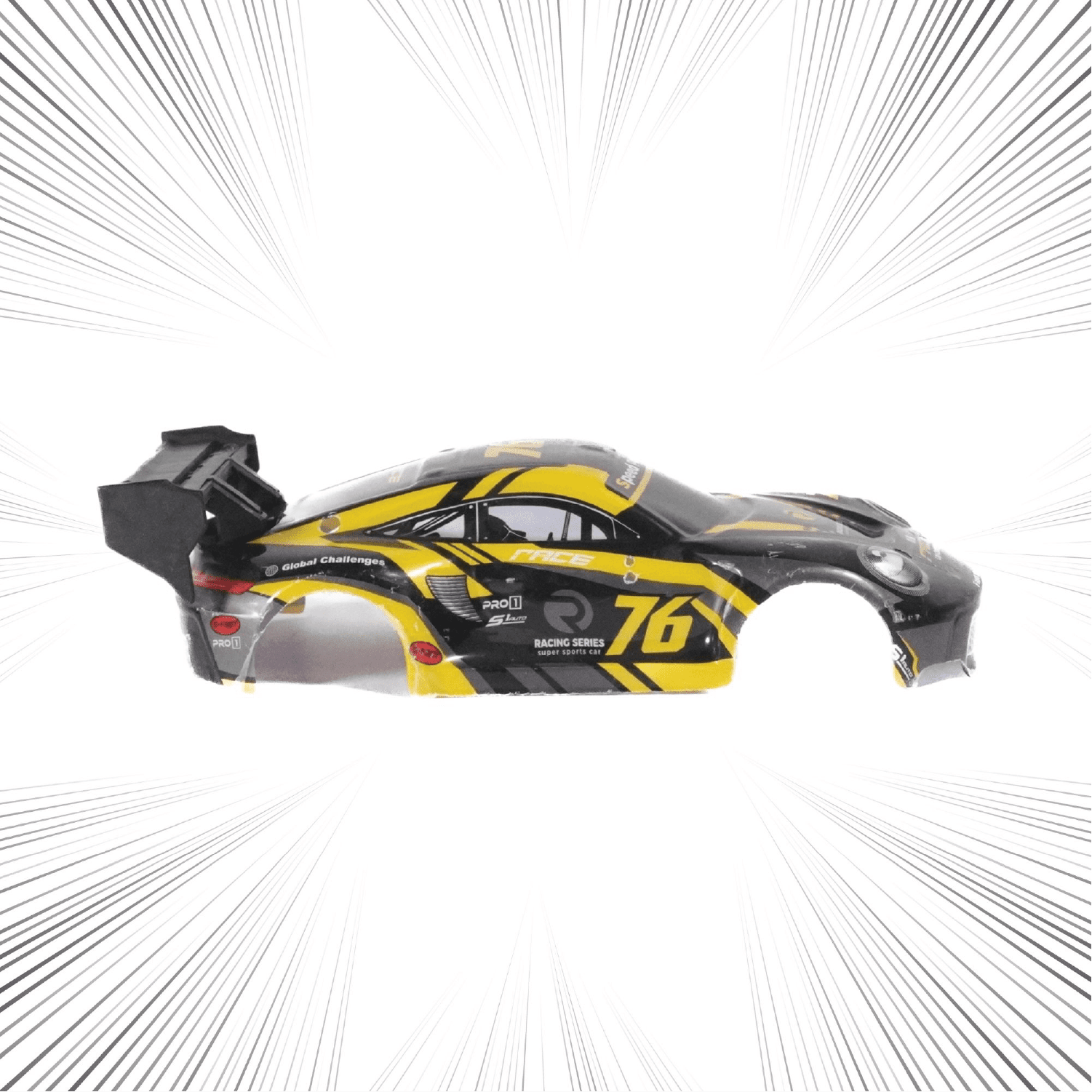 Black and yellow toy RC car body with '76' on a white background