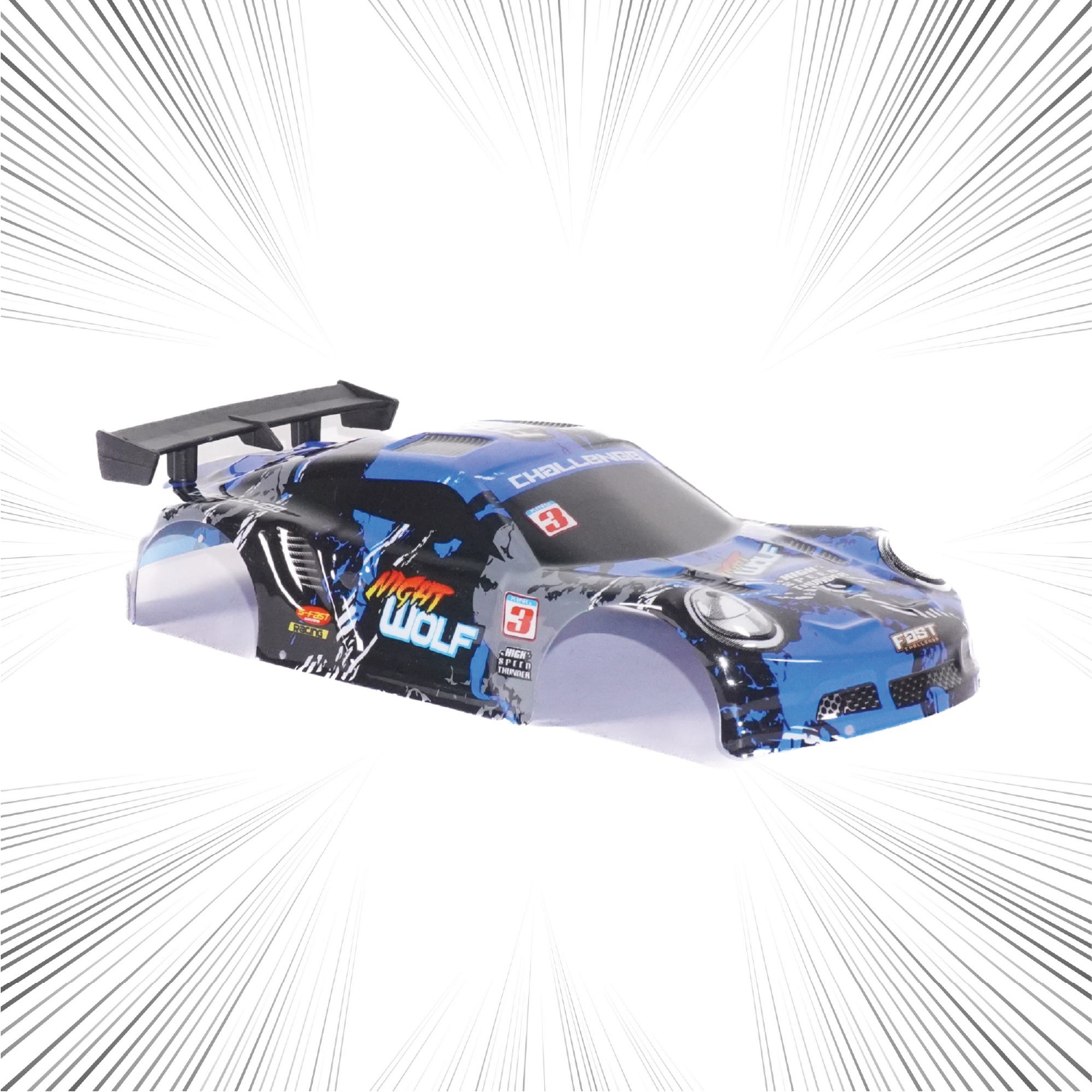 Toy RC car's Shell with a blue and black design on a white background