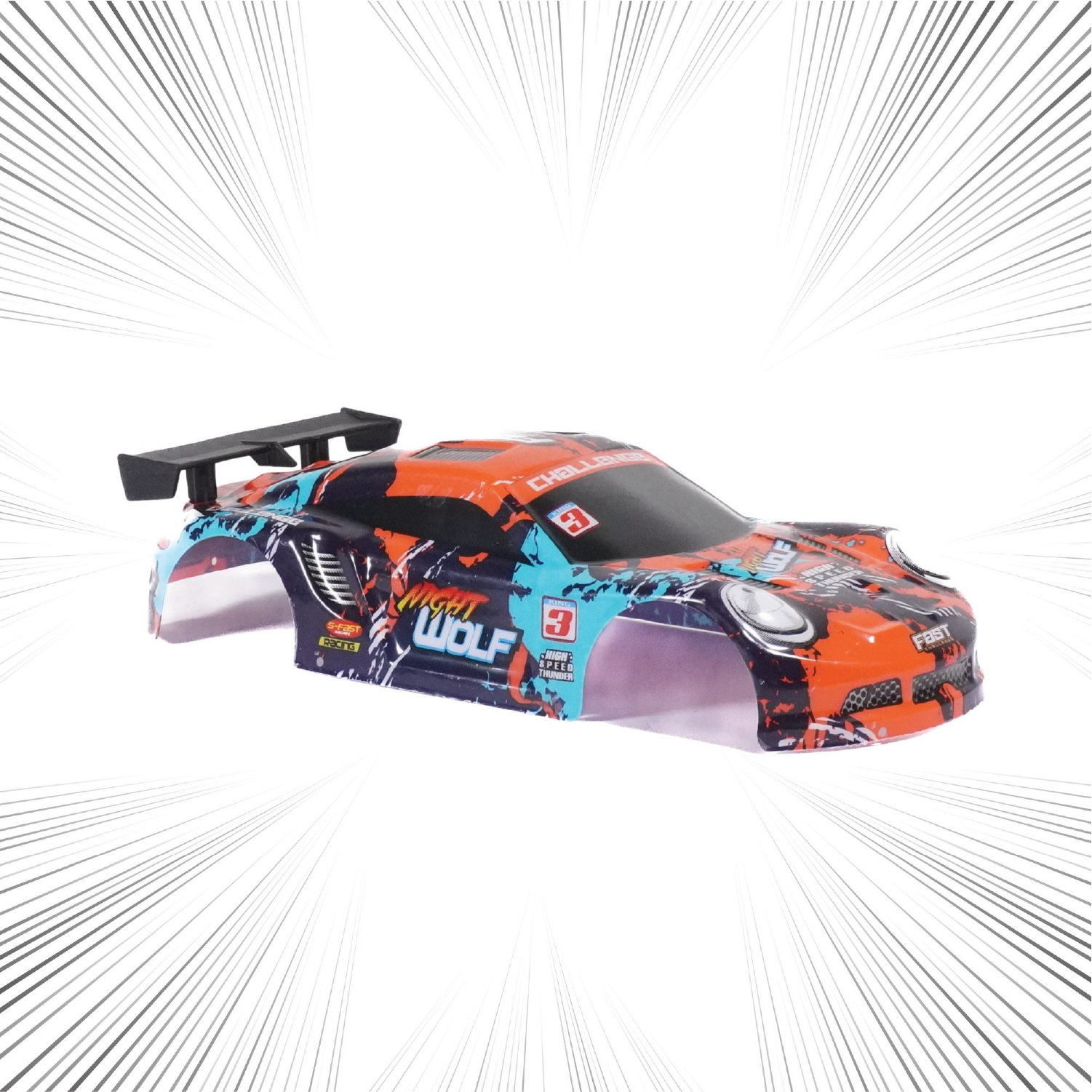 Orange RC Car Shell frame with 'Night Wolf' branding on a white background