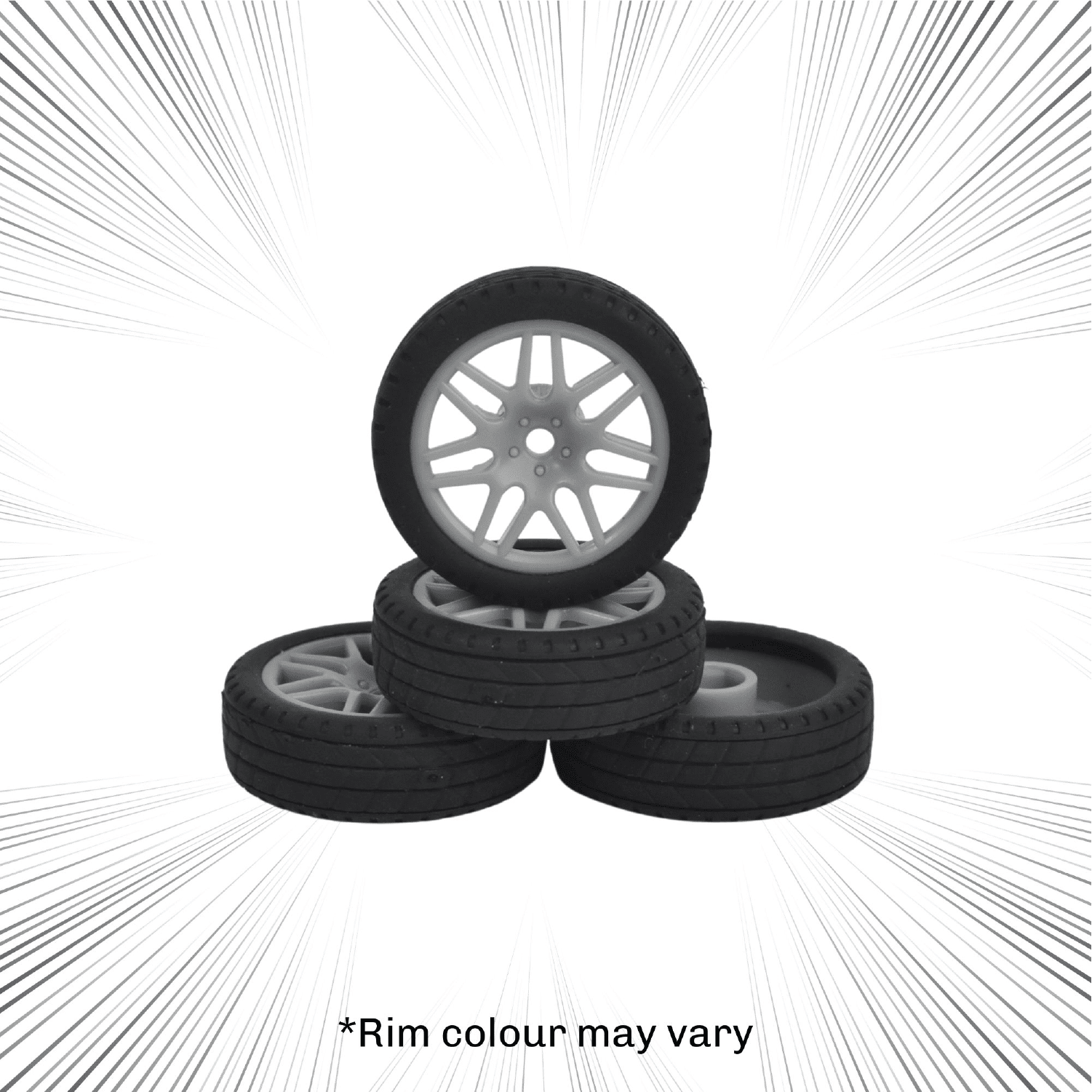 Set of four tires with a white rim on a white background