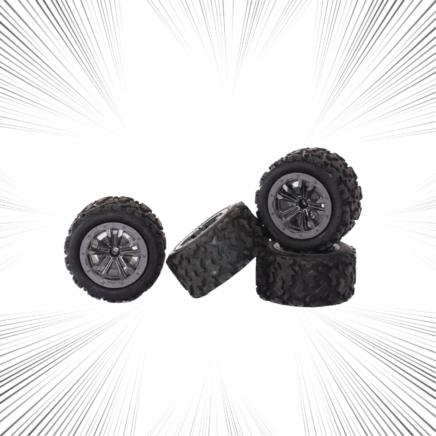 Four RC off-road tyres with tread patterns on a white background
